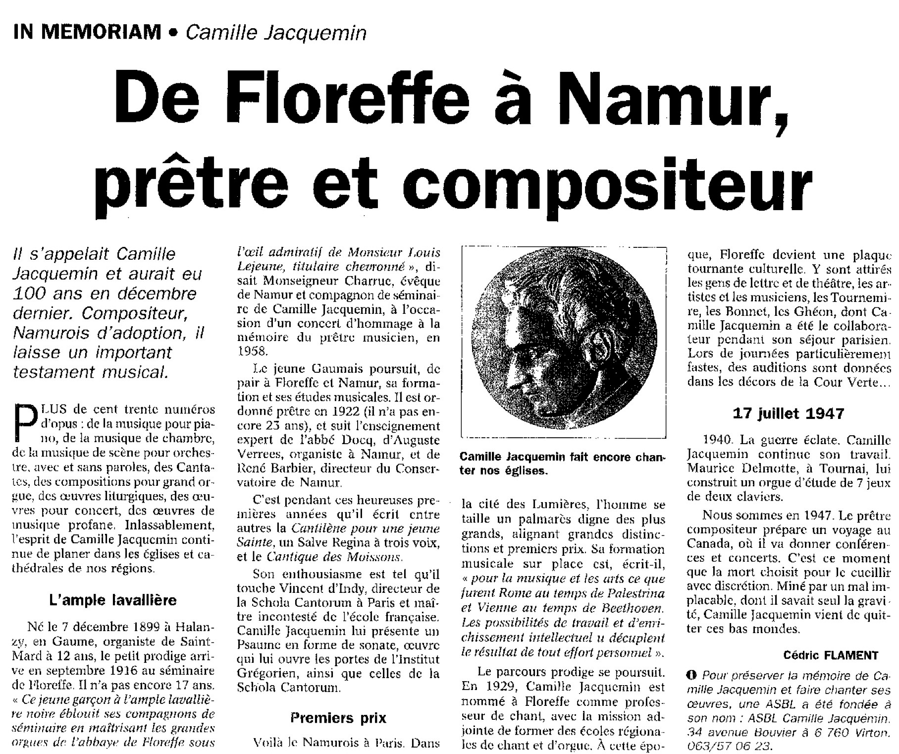 Article de presse du 22 janvier 2000 paru dans le journal 'Vers l'Avenir' (Namur) commémorant le centième anniversaire de la naissance de Camille Jacquemin.