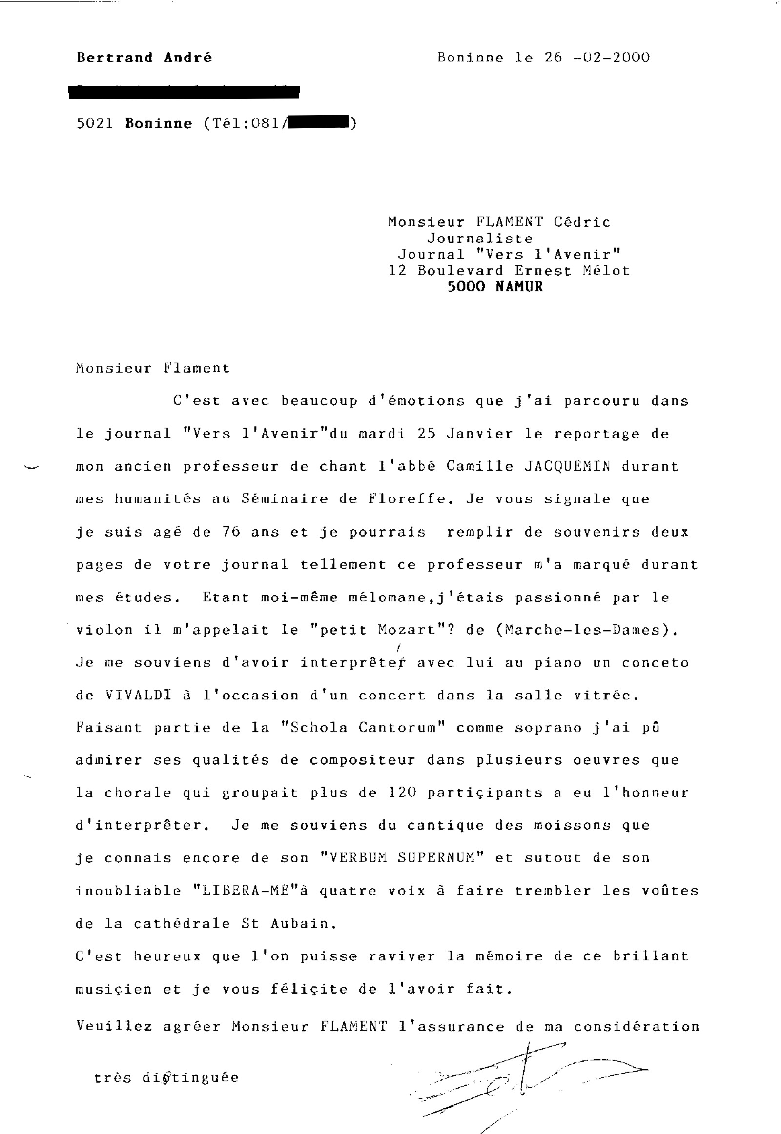 Remerciements adressés par André Bertrand à cédric Flament, l'auteur de l'article de presse du 22/01/2000 aau sujet du centenaire de la naissance de camille Jacquemin.