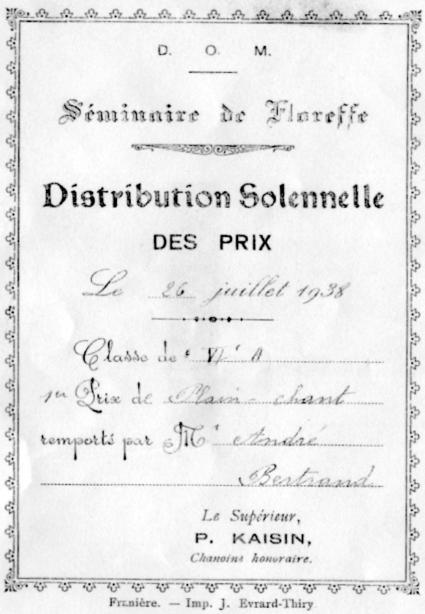 Diplôme de 1er prix de plain-chant décerné en 1938 à monsieur André Bertand en tant qu'élève de Camille Jacquemin.