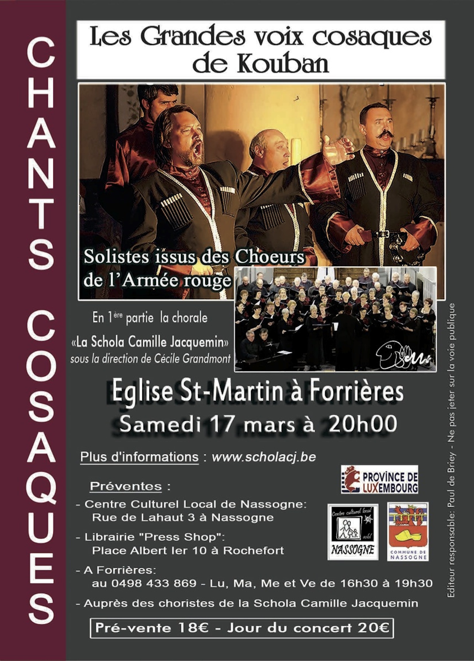 Affiche du concert du 17 mars 2018, La Schola Camille Jacquemin avec les Grandes Voix Cosaques de Kouban, le 17 mars 2018