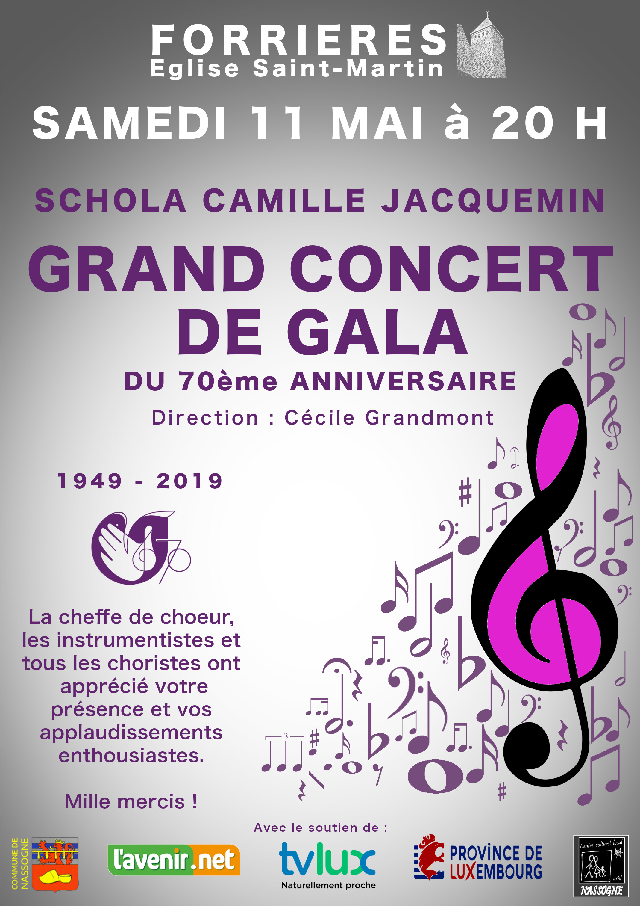 11 mai 2019 à Forrières, grand concert de gala de la Schola Camille Jacquemin à l'occasion du 70ème anniversaire de sa fondation